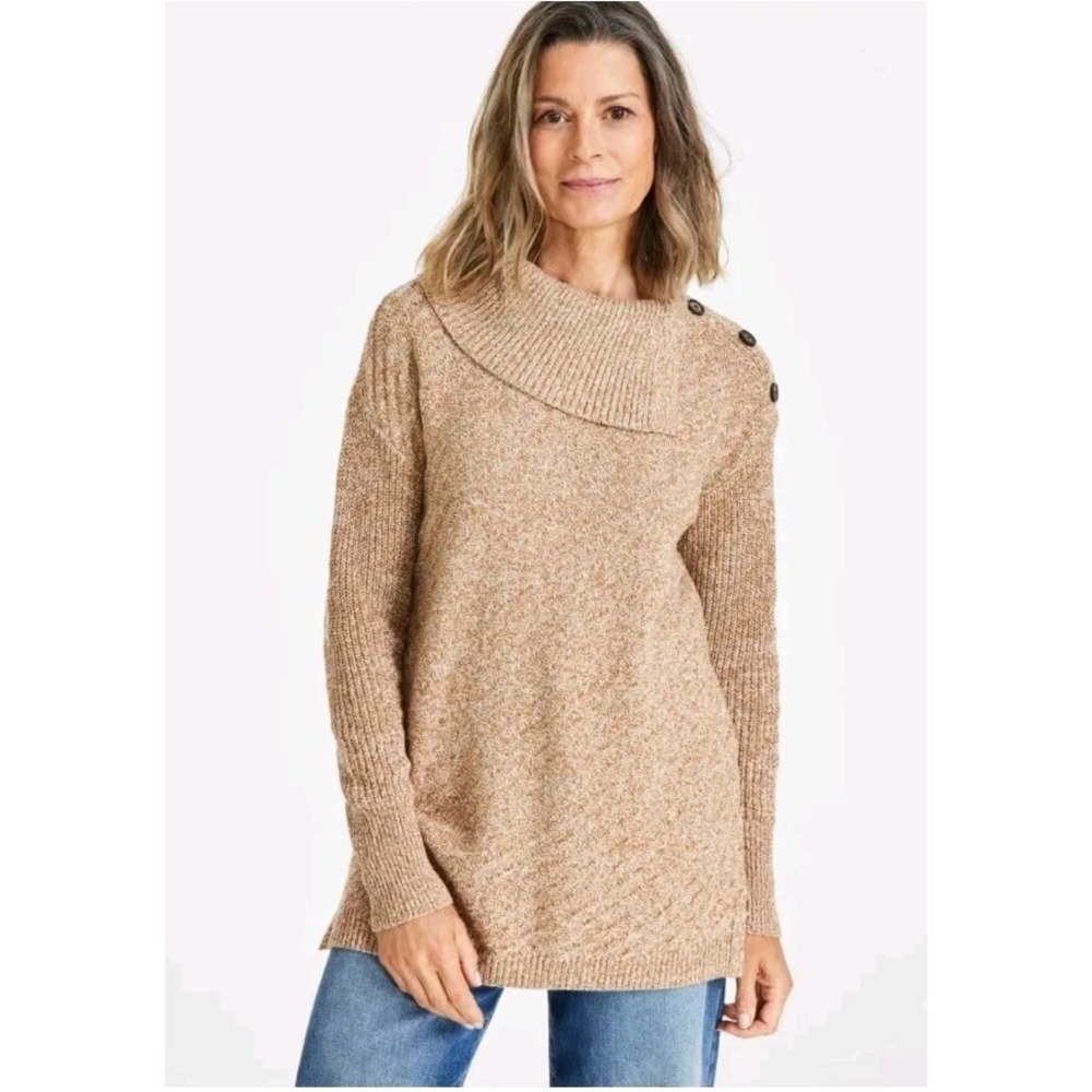 Style&Co Womens Button Detail Neck Ribbed Tunic Sweater Beige Cotton Blend Sz L
